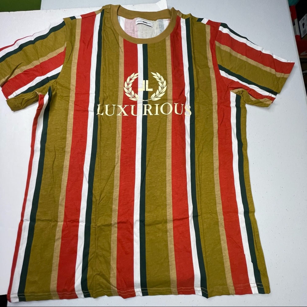 Luxurious Stripped Beige & Gold Short Sleeve Mens L, XL Tee Shirts